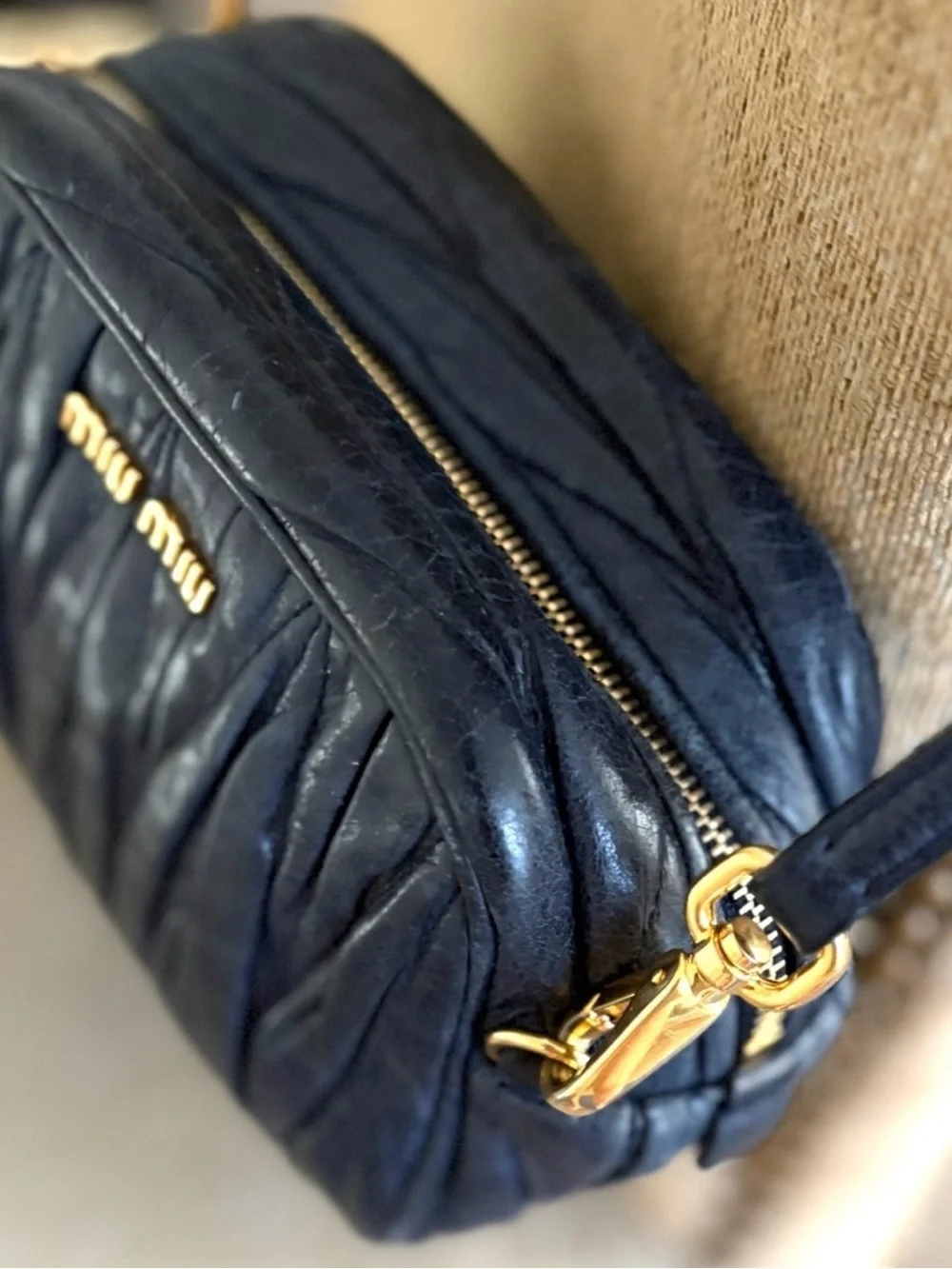 Miu Miu Quilted Navy Leather Crossbody with Gold Hardware